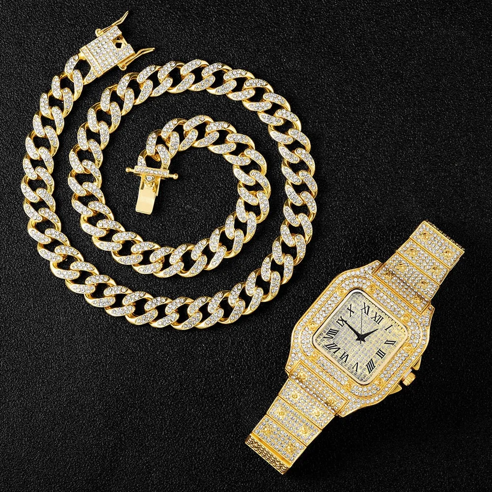 Stainless Steel Hip Hop Rhinestones For Men Jewelry Set