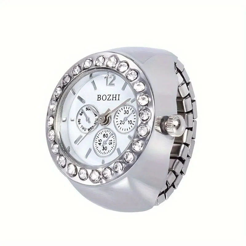 Stylish Rhinestone Quartz Ring Watch – Alloy Case, Unisex Casual Accessory