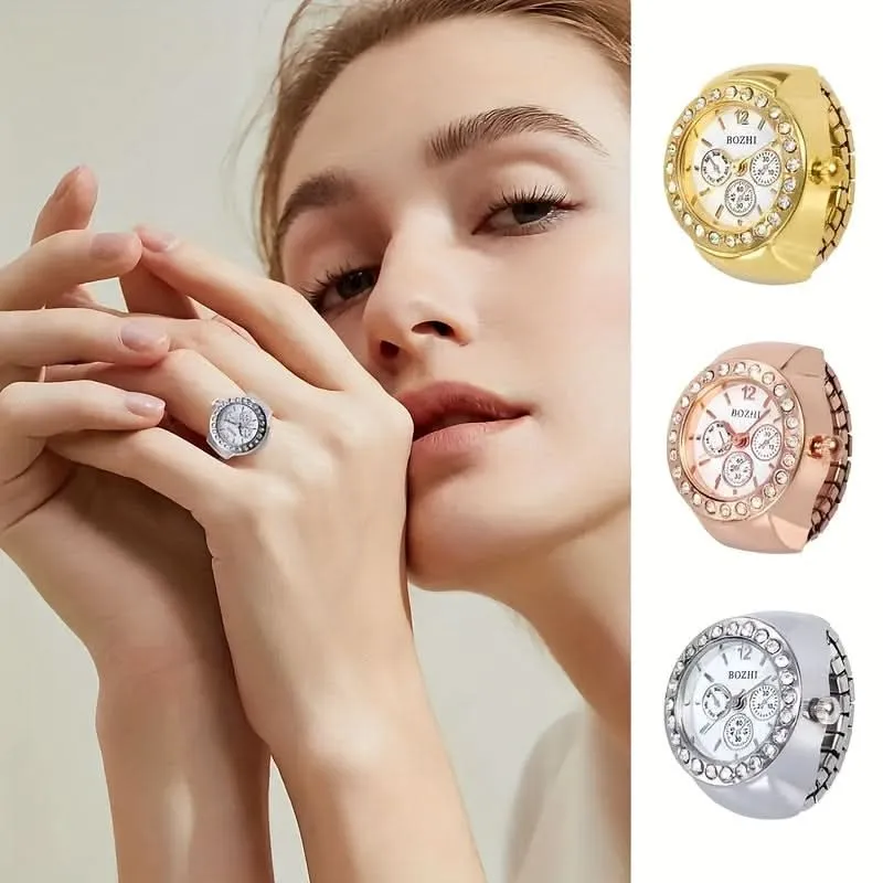 Stylish Rhinestone Quartz Ring Watch – Alloy Case, Unisex Casual Accessory