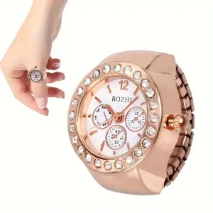 Stylish Rhinestone Quartz Ring Watch – Alloy Case, Unisex Casual Accessory