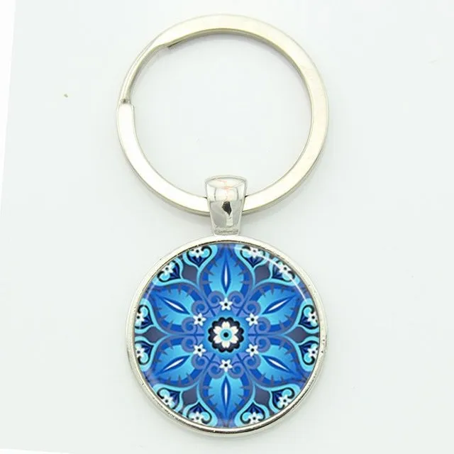 TAFREE Key chain Mandala Art Picture Glass Cabochon pendant Keychains Sacred Geometry Yoga Om Fashion Jewelry Key ring M01-17