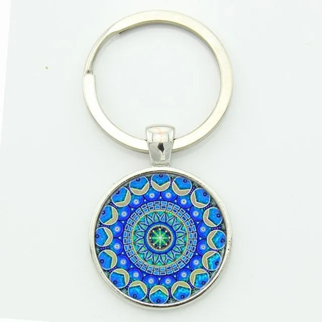 TAFREE Key chain Mandala Art Picture Glass Cabochon pendant Keychains Sacred Geometry Yoga Om Fashion Jewelry Key ring M01-17
