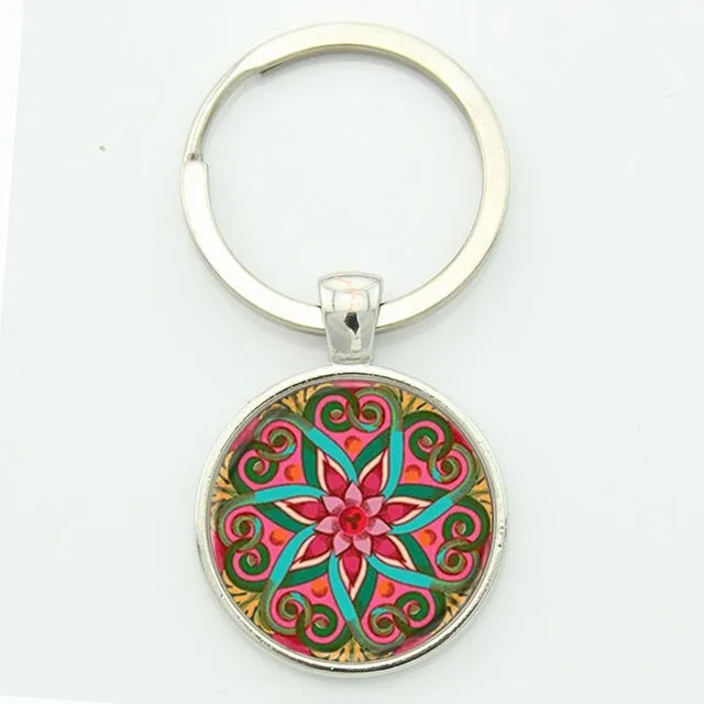 TAFREE Key chain Mandala Art Picture Glass Cabochon pendant Keychains Sacred Geometry Yoga Om Fashion Jewelry Key ring M01-17