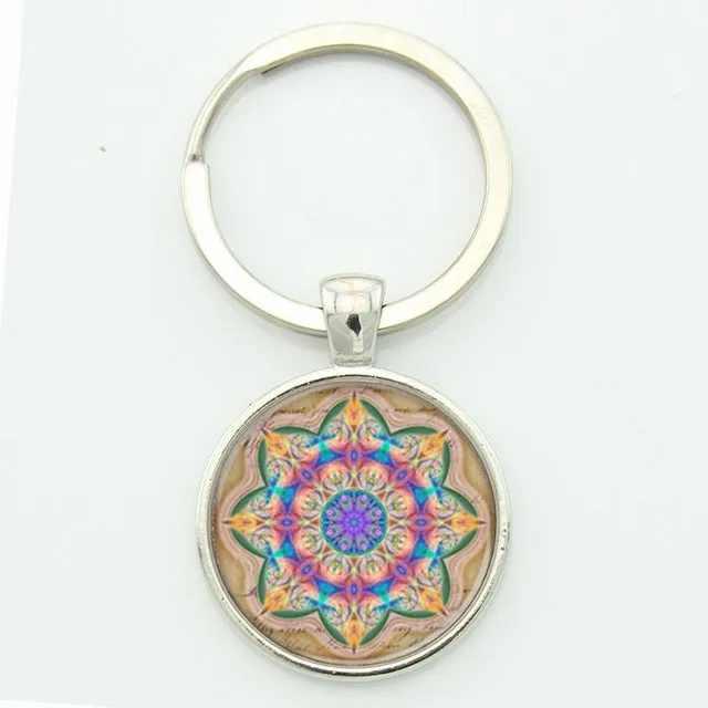 TAFREE Key chain Mandala Art Picture Glass Cabochon pendant Keychains Sacred Geometry Yoga Om Fashion Jewelry Key ring M01-17