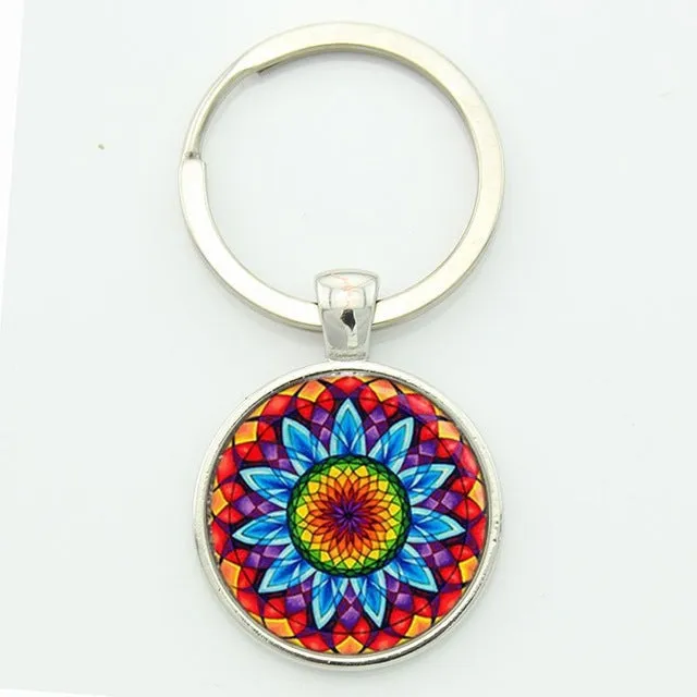 TAFREE Key chain Mandala Art Picture Glass Cabochon pendant Keychains Sacred Geometry Yoga Om Fashion Jewelry Key ring M01-17