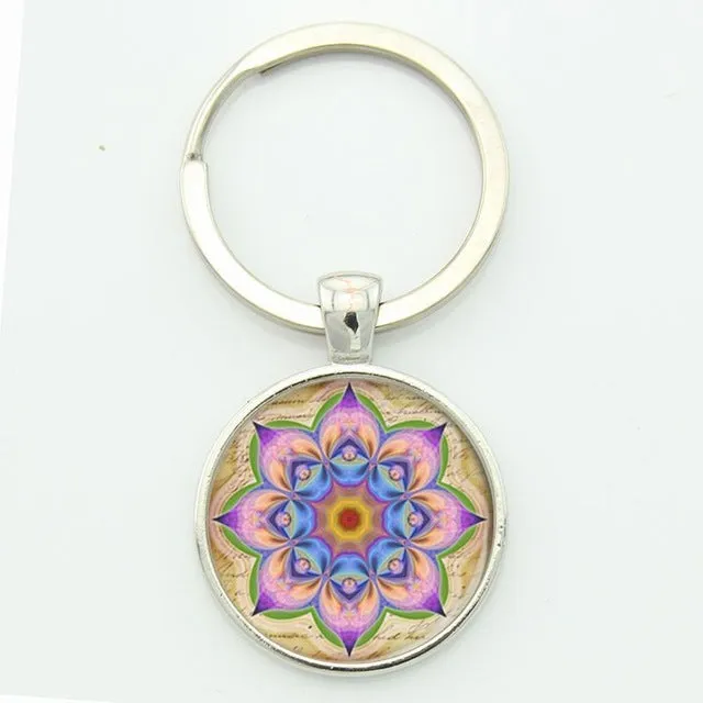 TAFREE Key chain Mandala Art Picture Glass Cabochon pendant Keychains Sacred Geometry Yoga Om Fashion Jewelry Key ring M01-17