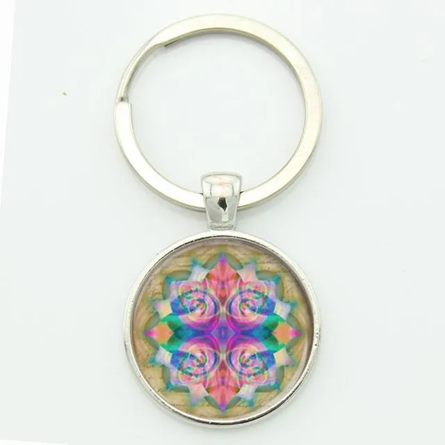 TAFREE Key chain Mandala Art Picture Glass Cabochon pendant Keychains Sacred Geometry Yoga Om Fashion Jewelry Key ring M01-17