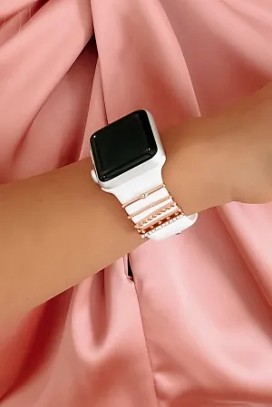 Time To Spare Silicone Apple Watch Band With Stackable Metal Accents (White/Rose Gold)