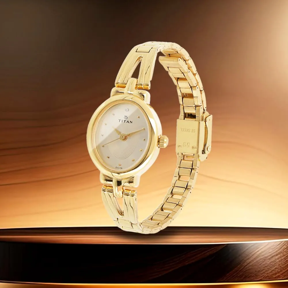 Titan Quartz Analog Champagne Dial Stainless Steel Strap Watch for Women-NM2594YM01