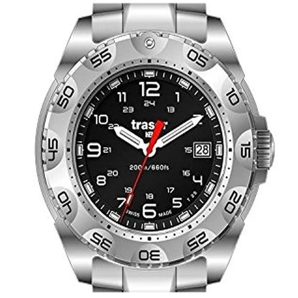 Traser Rubber Mens Silver Stainless Steel Band Black Quartz Dial Watch - 105471