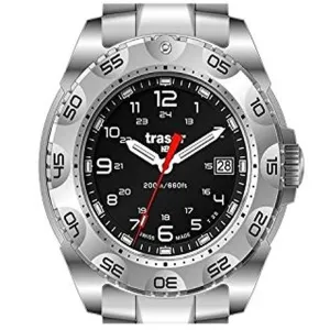Traser Rubber Mens Silver Stainless Steel Band Black Quartz Dial Watch - 105471