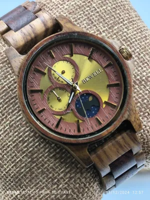 Unisex BEWELL wooden watch with date and moon phase