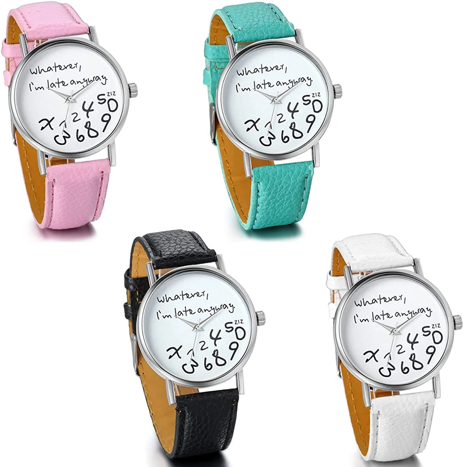 Unisex Female Women Ladies Girls"Whatever, I'm Late Anyway" Love Gift Leather Strap Watches Quartz Wrist Watch
