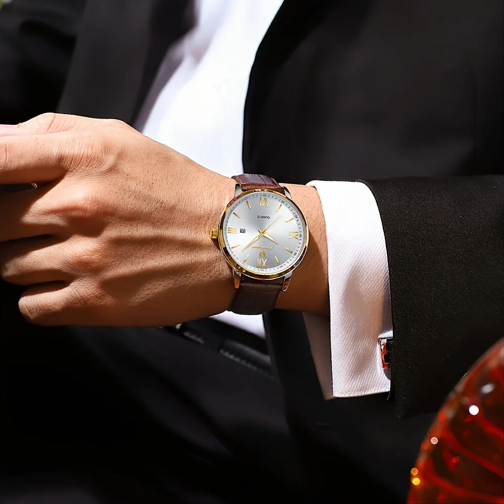 Watches, Brown Leather Watch for Men, Men Day Date Watch, Men's Luminous Watch, Dress Watch for Men Quartz Watch, Waterproof Brown Man Watches
