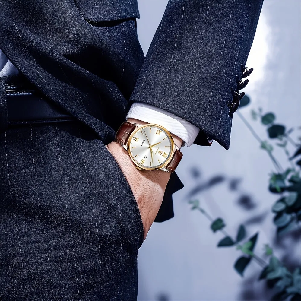 Watches, Brown Leather Watch for Men, Men Day Date Watch, Men's Luminous Watch, Dress Watch for Men Quartz Watch, Waterproof Brown Man Watches