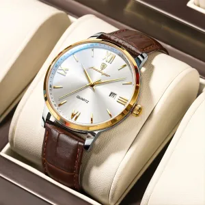 Watches, Brown Leather Watch for Men, Men Day Date Watch, Men's Luminous Watch, Dress Watch for Men Quartz Watch, Waterproof Brown Man Watches
