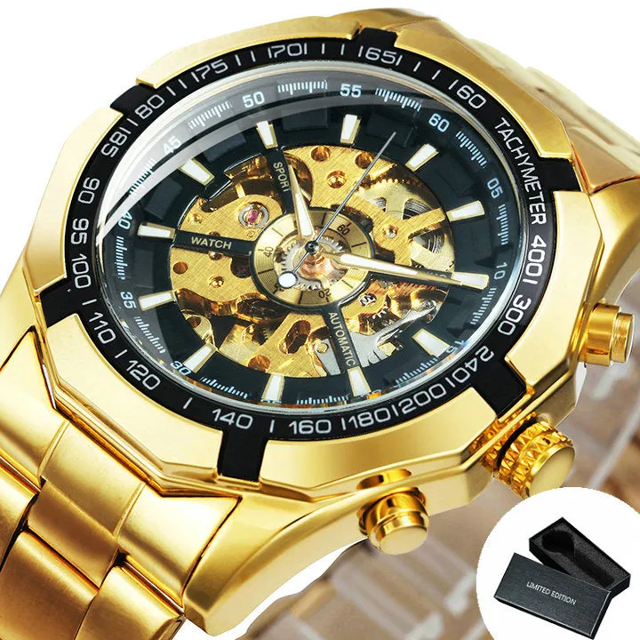 WINNER Classic Skeleton Automatic Mechanical Gold Watch for Men Luminous TM340