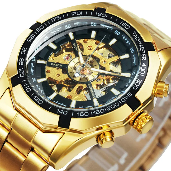 WINNER Classic Skeleton Automatic Mechanical Gold Watch for Men Luminous TM340