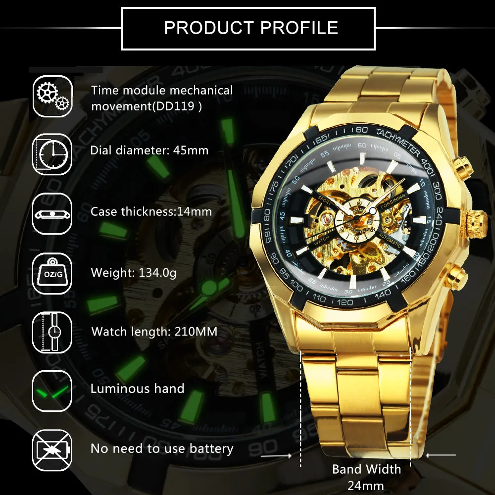 WINNER Classic Skeleton Automatic Mechanical Gold Watch for Men Luminous TM340