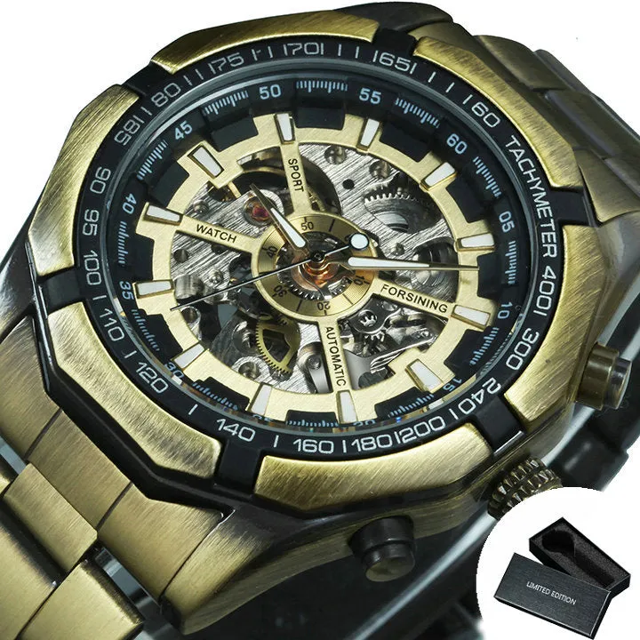 WINNER Classic Skeleton Automatic Mechanical Gold Watch for Men Luminous TM340