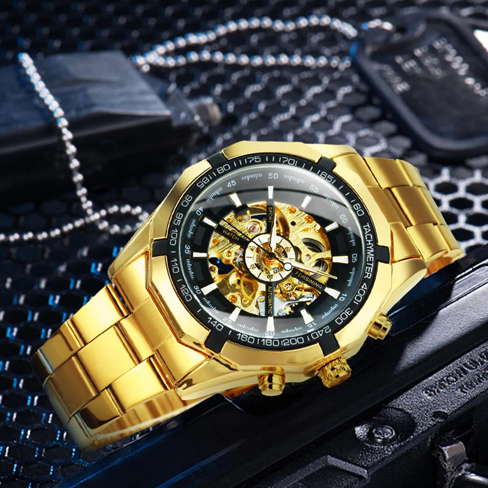 WINNER Classic Skeleton Automatic Mechanical Gold Watch for Men Luminous TM340