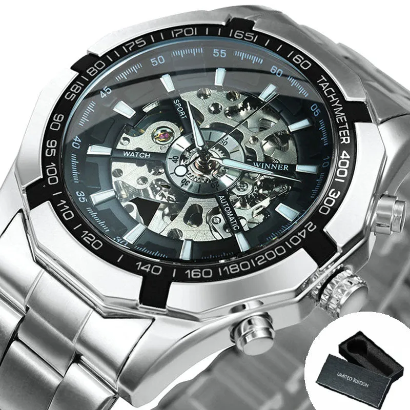 WINNER Classic Skeleton Automatic Mechanical Gold Watch for Men Luminous TM340