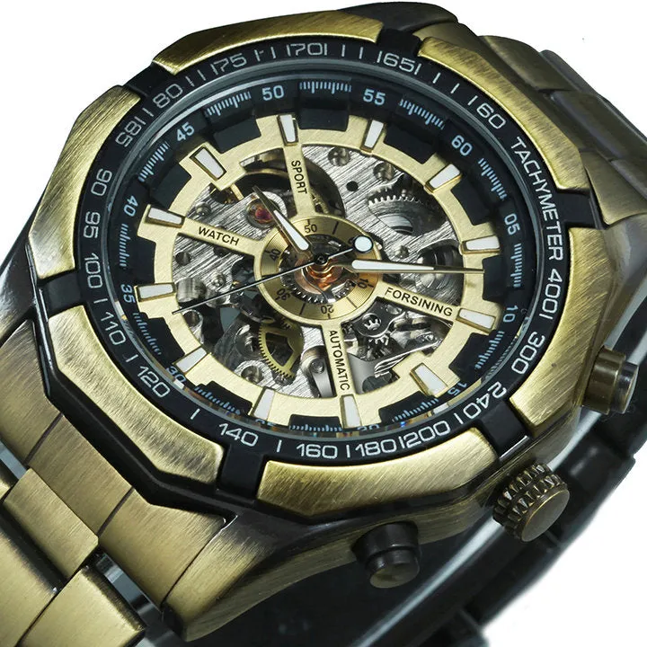WINNER Classic Skeleton Automatic Mechanical Gold Watch for Men Luminous TM340