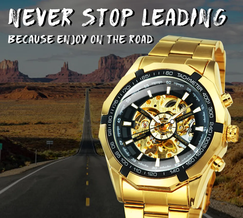 WINNER Classic Skeleton Automatic Mechanical Gold Watch for Men Luminous TM340