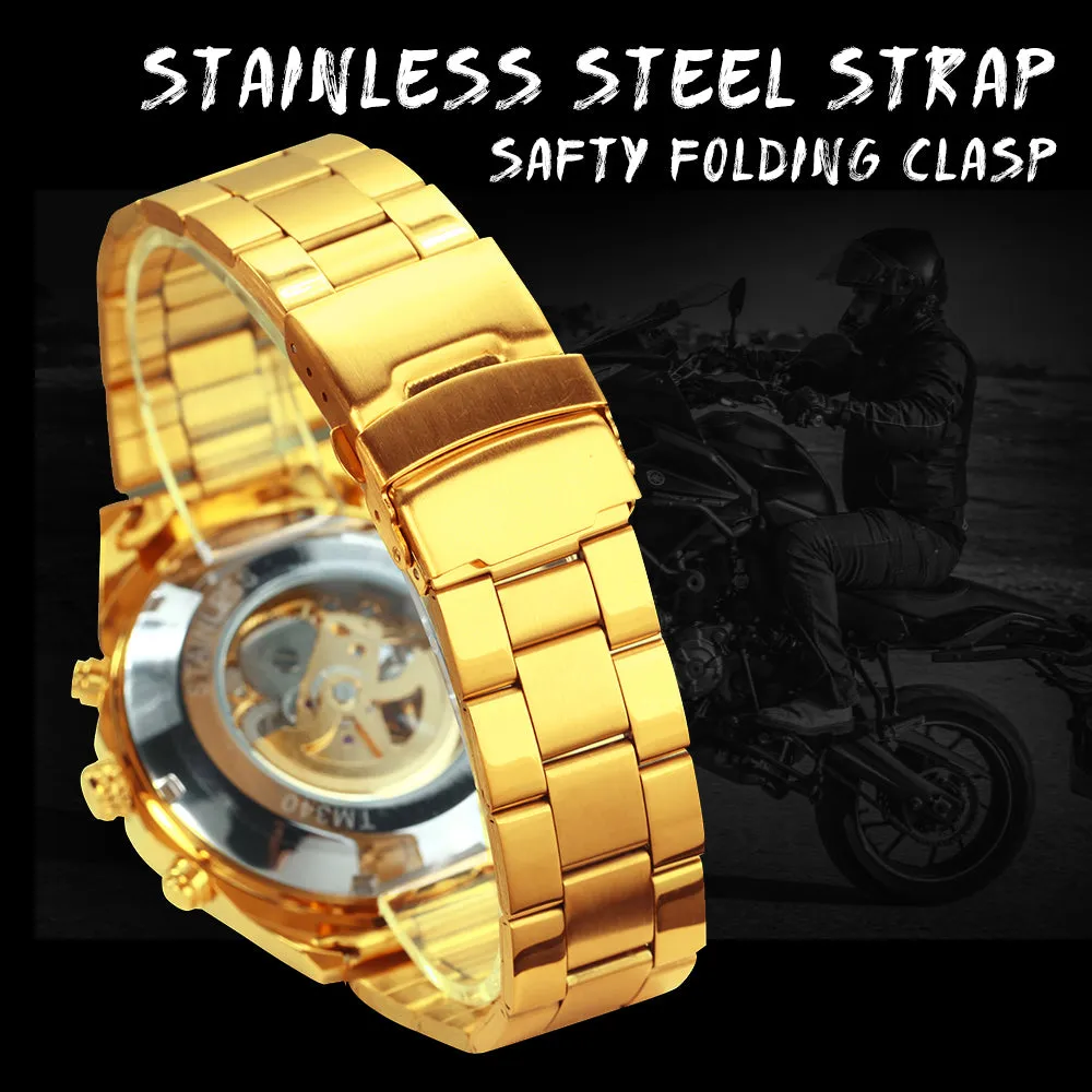 WINNER Classic Skeleton Automatic Mechanical Gold Watch for Men Luminous TM340