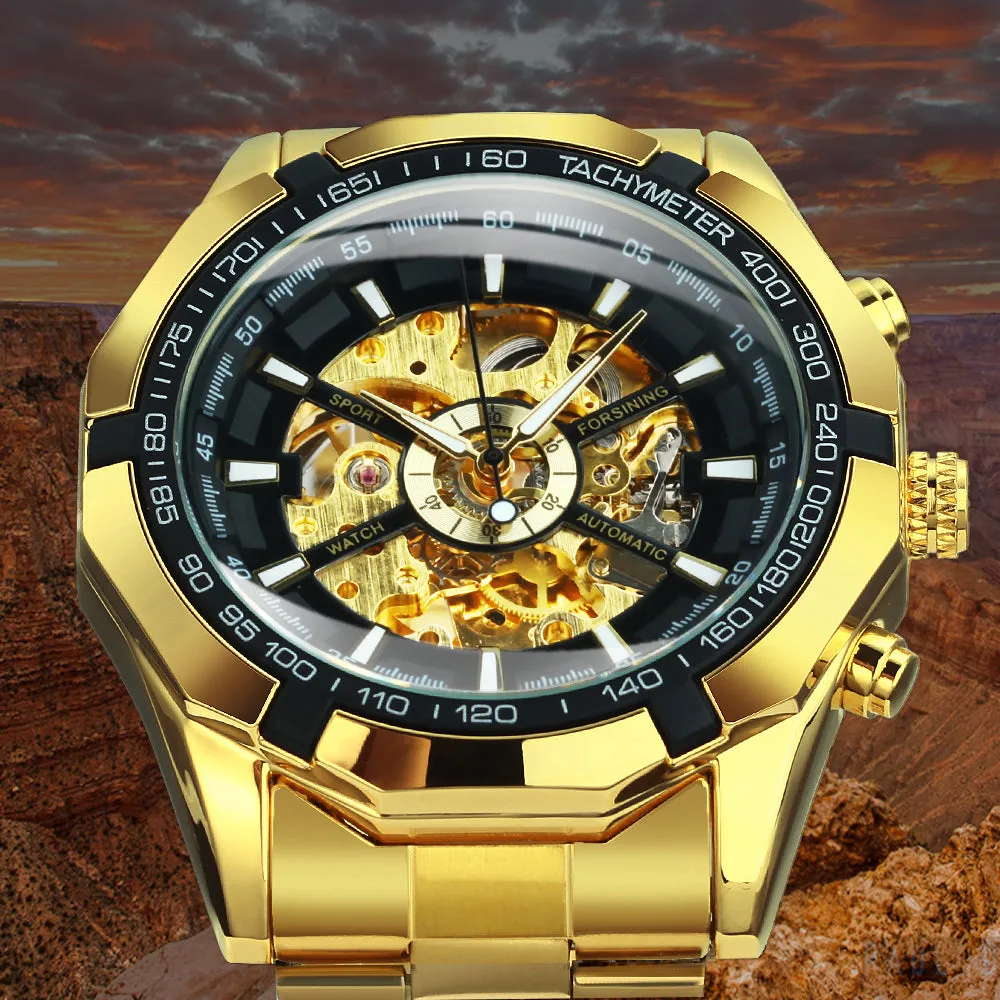 WINNER Classic Skeleton Automatic Mechanical Gold Watch for Men Luminous TM340