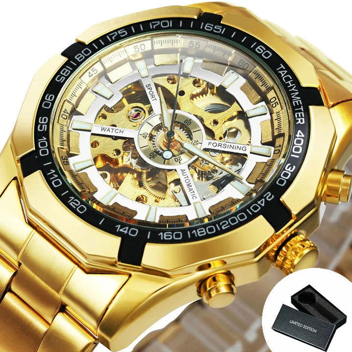 WINNER Classic Skeleton Automatic Mechanical Gold Watch for Men Luminous TM340