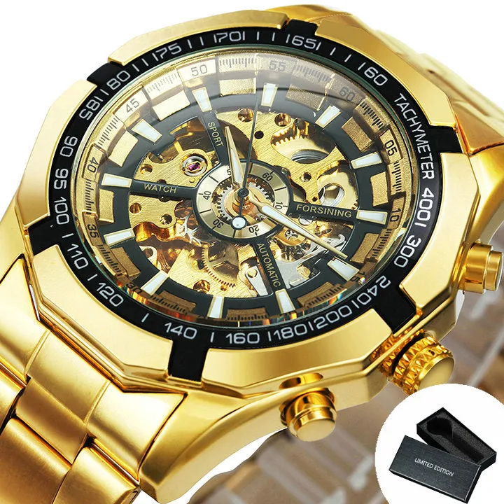 WINNER Classic Skeleton Automatic Mechanical Gold Watch for Men Luminous TM340