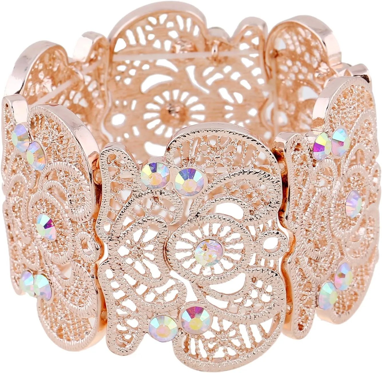 Womens Bohemian Lace Bracelet Vintage Filigree Cuff Bangle Bracelet Wide Stretch Rhinestone Bracelets for Ladies