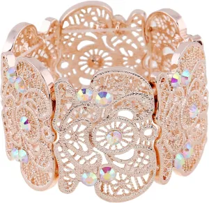 Womens Bohemian Lace Bracelet Vintage Filigree Cuff Bangle Bracelet Wide Stretch Rhinestone Bracelets for Ladies